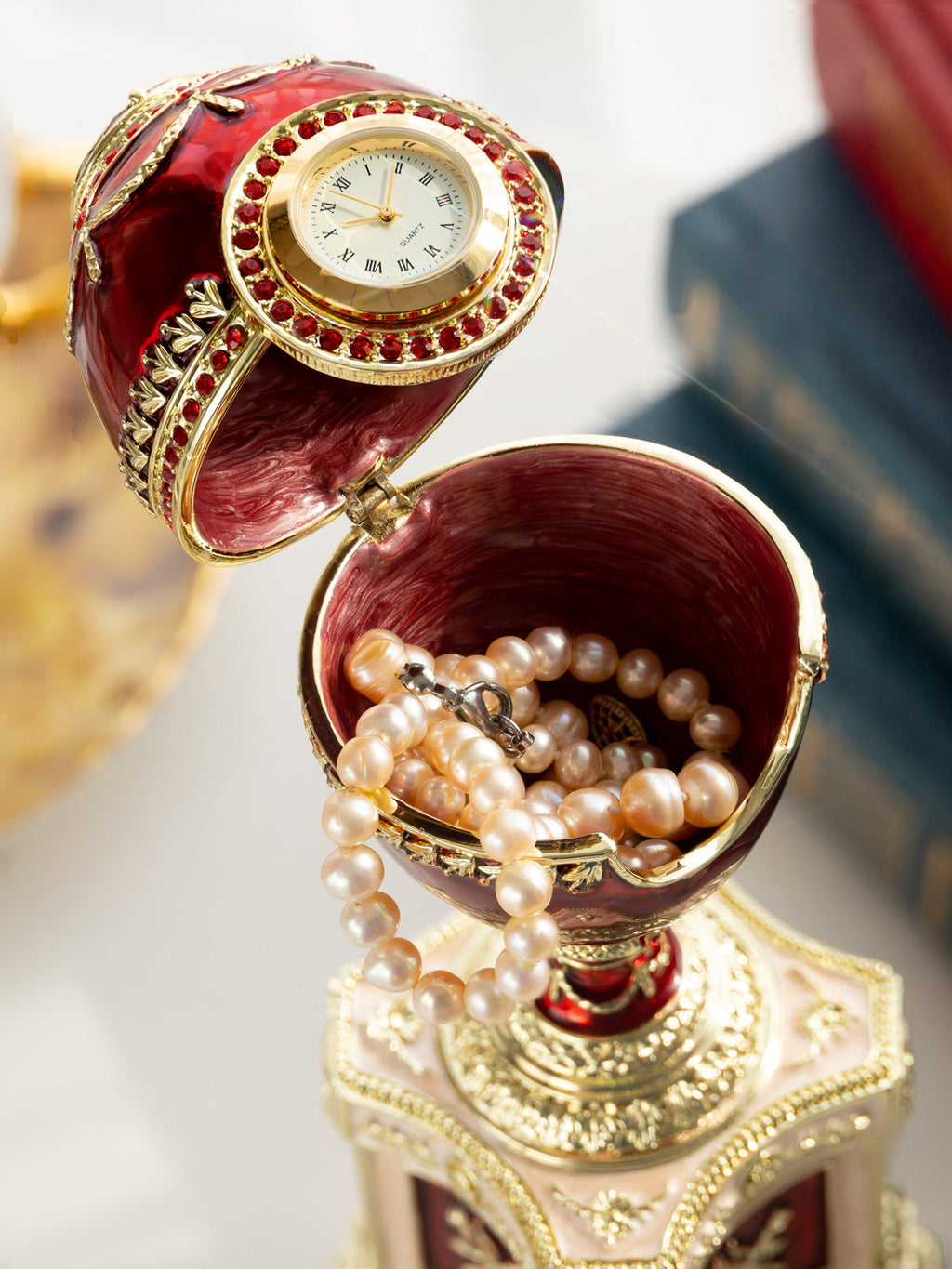 Red Faberge Egg with a Pearl and a Clock-4